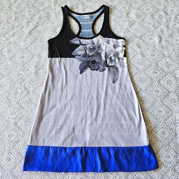Express Flowery Silver Mini Dress w/ Blue Trim, Rhinestone Detailing and Stripes - Picture 1 of 16